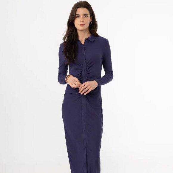 Navy Ruched Button-Down Midi Dress | Long Sleeve Collared Shirt Dress |Chic|Fall - Picture 1 of 5